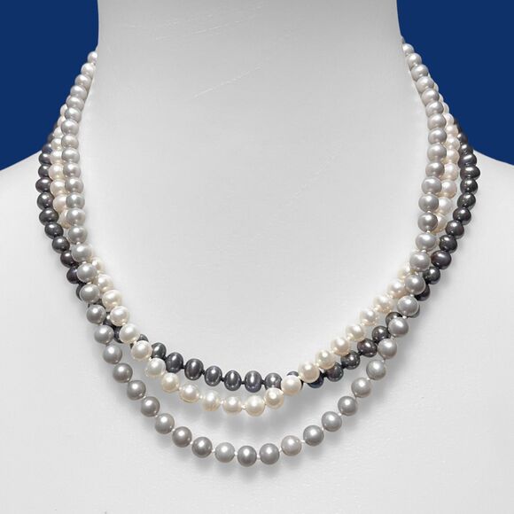 Freshwater Pearl Necklaces Lot Knotted Strands Gray Cream Peacock Sterling Clasp - Picture 1 of 9